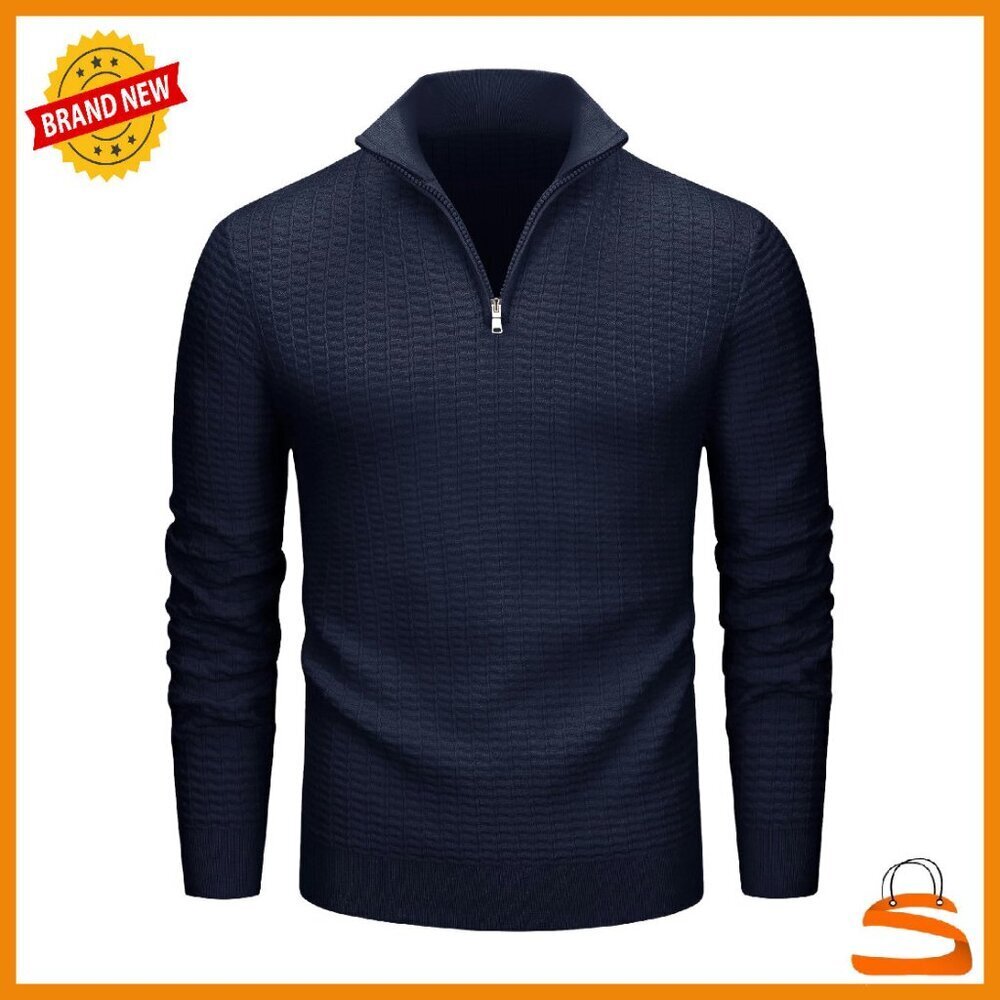 Men's Quarter Zip Waffle Knit Pullover Sweater Soft Warm Winter